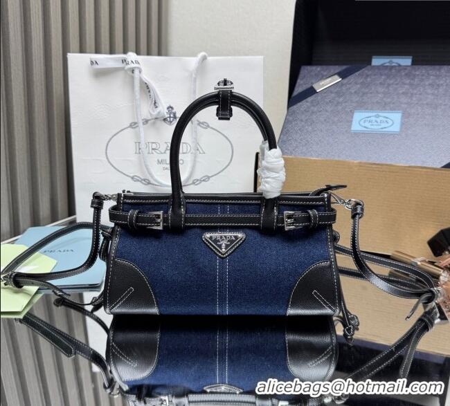 Discount Design Prada Bonnie small denim handbag 1BA486 Blue/Black 2025