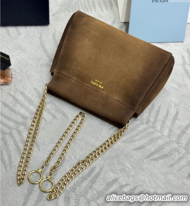 Big Discount Prada Enchaine mini suede bag 1BC263 Brown 2025