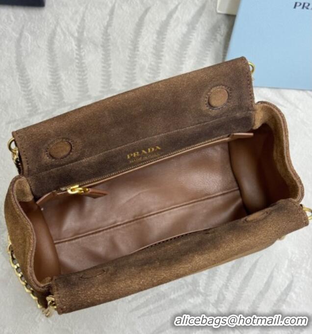Big Discount Prada Enchaine mini suede bag 1BC263 Brown 2025