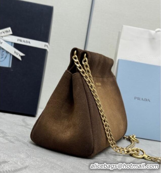 Big Discount Prada Enchaine mini suede bag 1BC263 Brown 2025