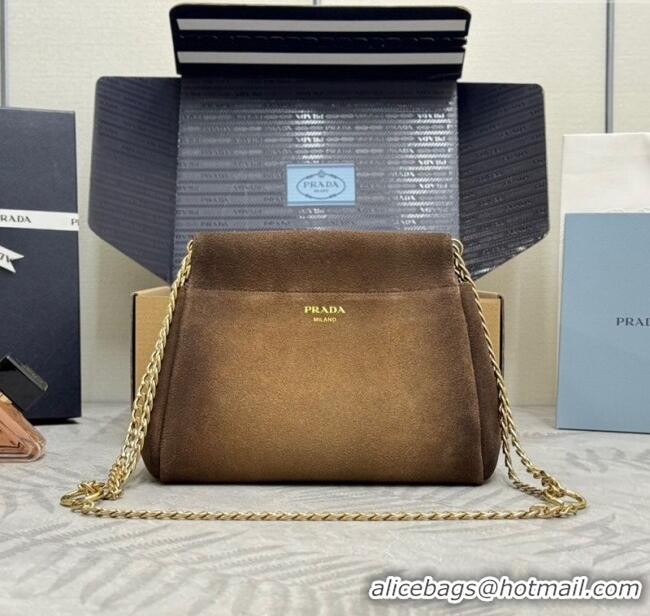Big Discount Prada Enchaine mini suede bag 1BC263 Brown 2025