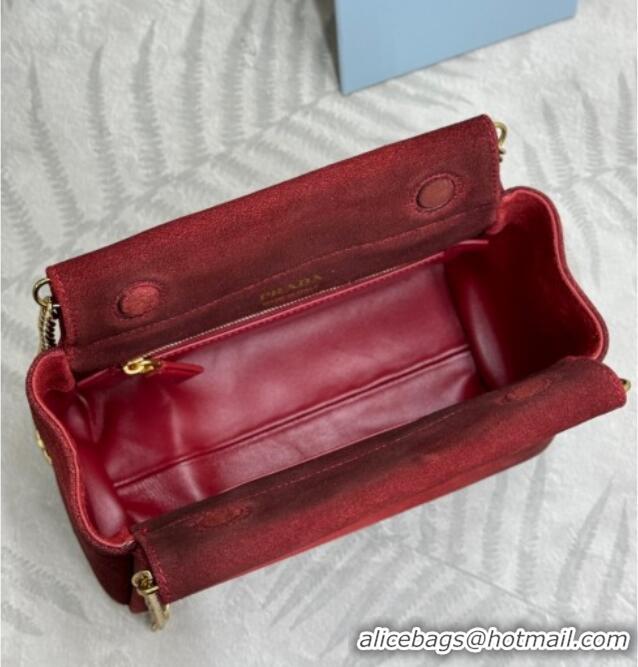 Shop Best Prada Enchaine mini suede bag 1BC263 Red 2025