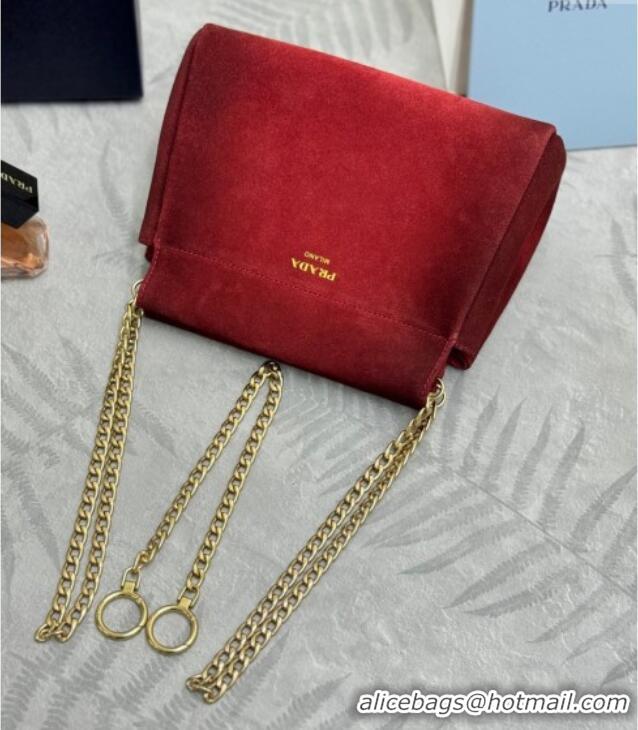 Shop Best Prada Enchaine mini suede bag 1BC263 Red 2025