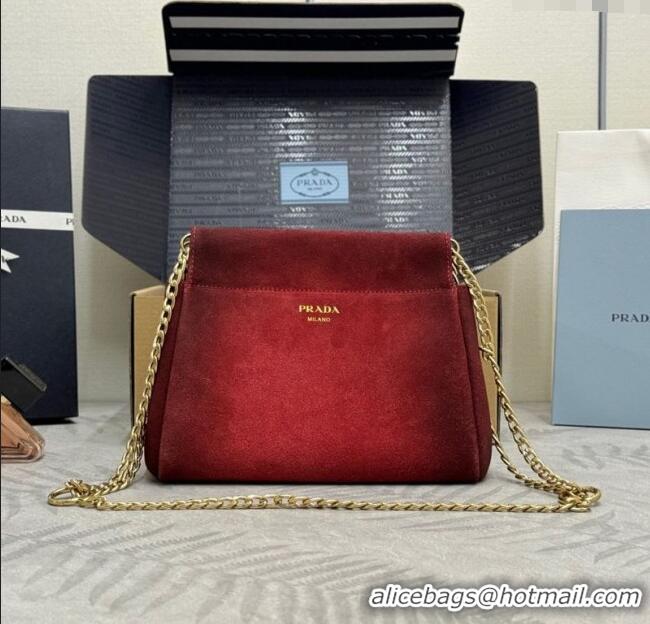Shop Best Prada Enchaine mini suede bag 1BC263 Red 2025