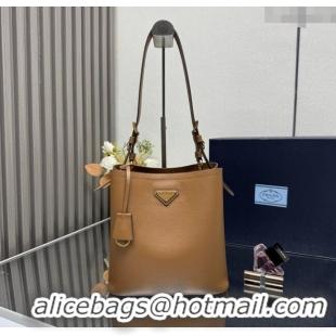 Buy New Cheap Prada Medium leather bucket bag 1BE080 Caramel Brown 2025