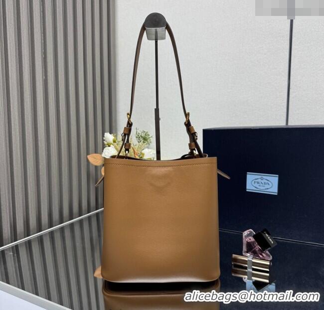 Buy New Cheap Prada Medium leather bucket bag 1BE080 Caramel Brown 2025