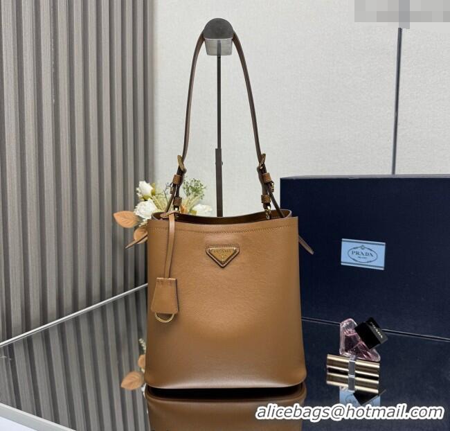 Buy New Cheap Prada Medium leather bucket bag 1BE080 Caramel Brown 2025