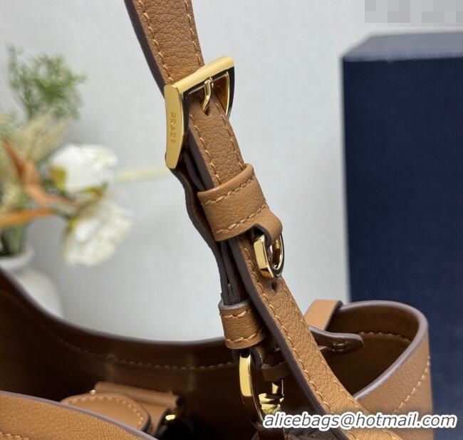 Buy New Cheap Prada Medium leather bucket bag 1BE080 Caramel Brown 2025