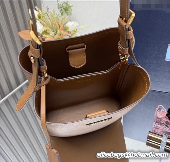 Buy New Cheap Prada Medium leather bucket bag 1BE080 Caramel Brown 2025