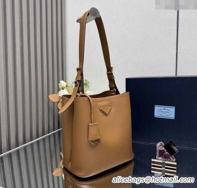 Buy New Cheap Prada Medium leather bucket bag 1BE080 Caramel Brown 2025