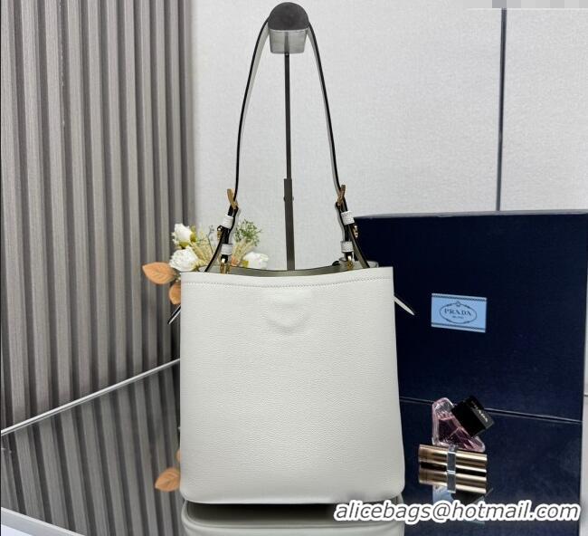 Cheapest Prada Medium leather bucket bag 1BE080 White 2025