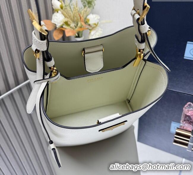 Cheapest Prada Medium leather bucket bag 1BE080 White 2025