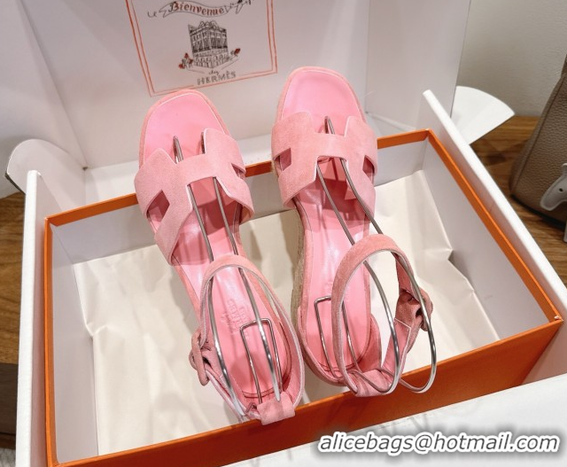 Sumptuous Hermes Elda Platform Wedge Sandals 8cm in Suede Pink 2025 H082010 0820116