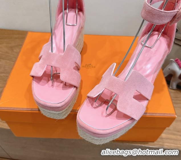 Sumptuous Hermes Elda Platform Wedge Sandals 8cm in Suede Pink 2025 H082010 0820116
