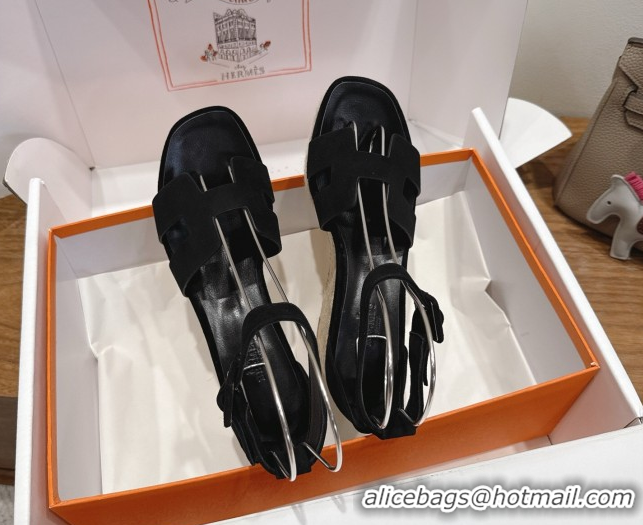 Crafted Hermes Elda Platform Wedge Sandals 8cm in Suede Black 2025 H082010 0820117