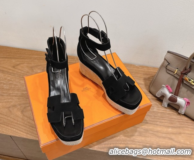 Crafted Hermes Elda Platform Wedge Sandals 8cm in Suede Black 2025 H082010 0820117