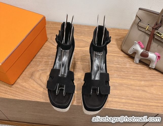 Crafted Hermes Elda Platform Wedge Sandals 8cm in Suede Black 2025 H082010 0820117