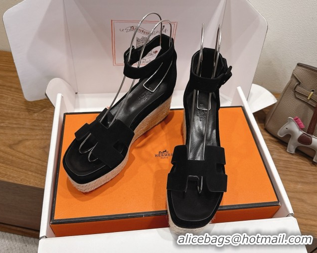 Crafted Hermes Elda Platform Wedge Sandals 8cm in Suede Black 2025 H082010 0820117