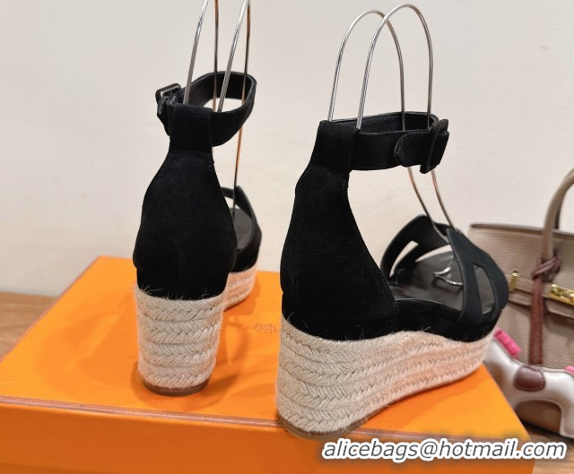 Crafted Hermes Elda Platform Wedge Sandals 8cm in Suede Black 2025 H082010 0820117