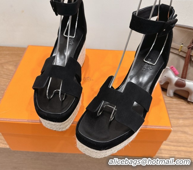 Crafted Hermes Elda Platform Wedge Sandals 8cm in Suede Black 2025 H082010 0820117