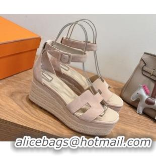 Low Price Hermes Elda Platform Wedge Sandals 8cm in Suede Nude 2025 H082010 0820118