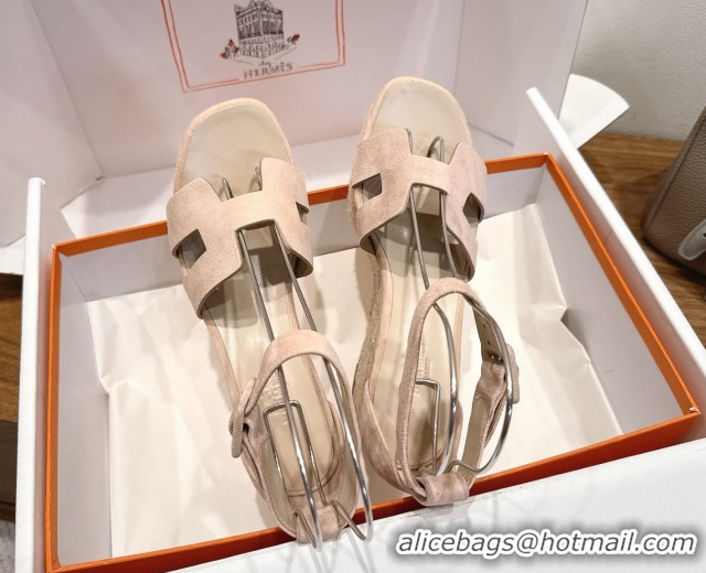Low Price Hermes Elda Platform Wedge Sandals 8cm in Suede Nude 2025 H082010 0820118