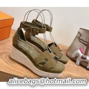 Best Grade Hermes Elda Platform Wedge Sandals 8cm in Suede Green 2025 H082010 0820119