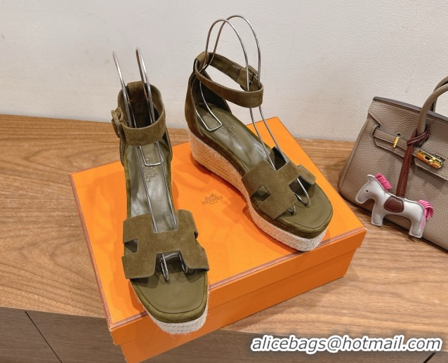 Best Grade Hermes Elda Platform Wedge Sandals 8cm in Suede Green 2025 H082010 0820119