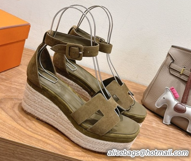 Best Grade Hermes Elda Platform Wedge Sandals 8cm in Suede Green 2025 H082010 0820119