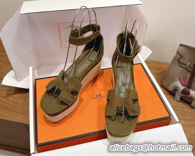Best Grade Hermes Elda Platform Wedge Sandals 8cm in Suede Green 2025 H082010 0820119