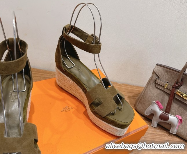 Best Grade Hermes Elda Platform Wedge Sandals 8cm in Suede Green 2025 H082010 0820119