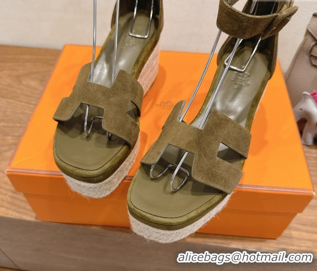 Best Grade Hermes Elda Platform Wedge Sandals 8cm in Suede Green 2025 H082010 0820119