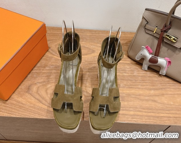 Best Grade Hermes Elda Platform Wedge Sandals 8cm in Suede Green 2025 H082010 0820119