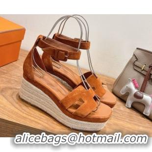 Perfect Hermes Elda Platform Wedge Sandals 8cm in Suede Tan 2025 H082010 0820120