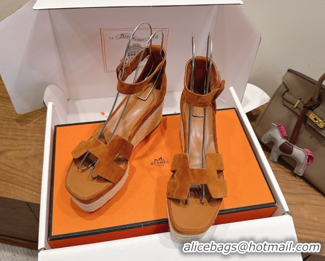 Perfect Hermes Elda Platform Wedge Sandals 8cm in Suede Tan 2025 H082010 0820120