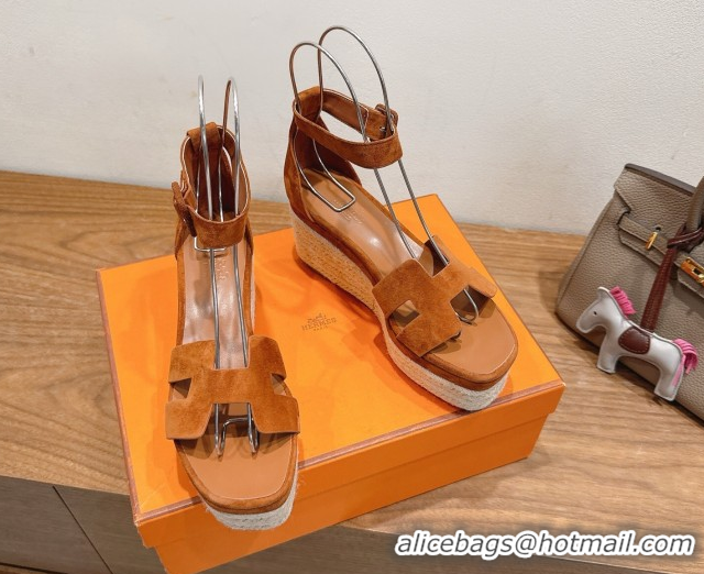 Perfect Hermes Elda Platform Wedge Sandals 8cm in Suede Tan 2025 H082010 0820120