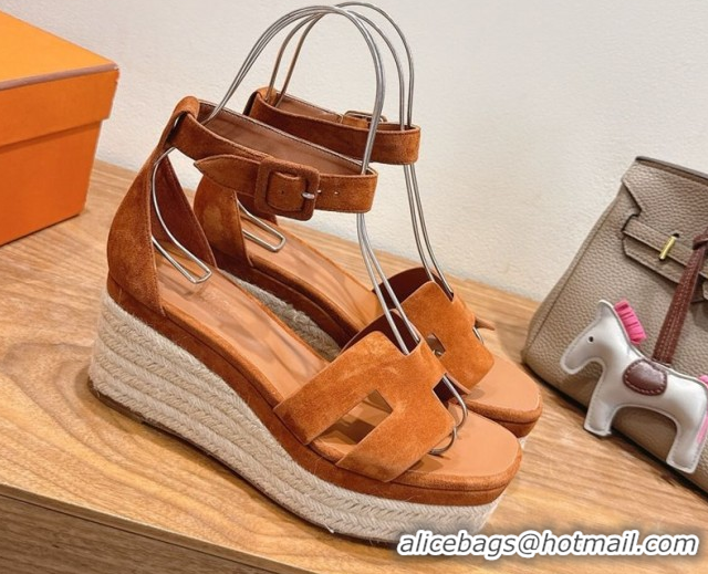 Perfect Hermes Elda Platform Wedge Sandals 8cm in Suede Tan 2025 H082010 0820120