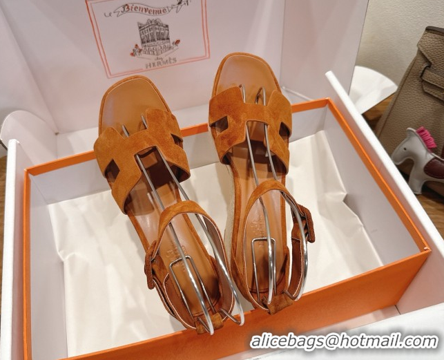 Perfect Hermes Elda Platform Wedge Sandals 8cm in Suede Tan 2025 H082010 0820120