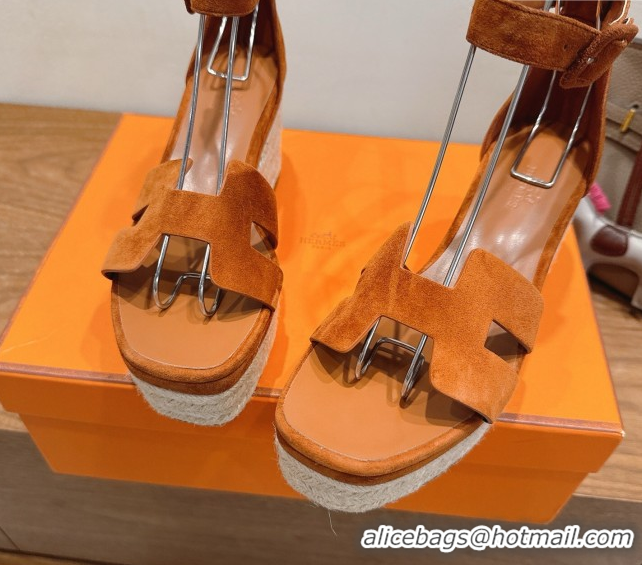 Perfect Hermes Elda Platform Wedge Sandals 8cm in Suede Tan 2025 H082010 0820120