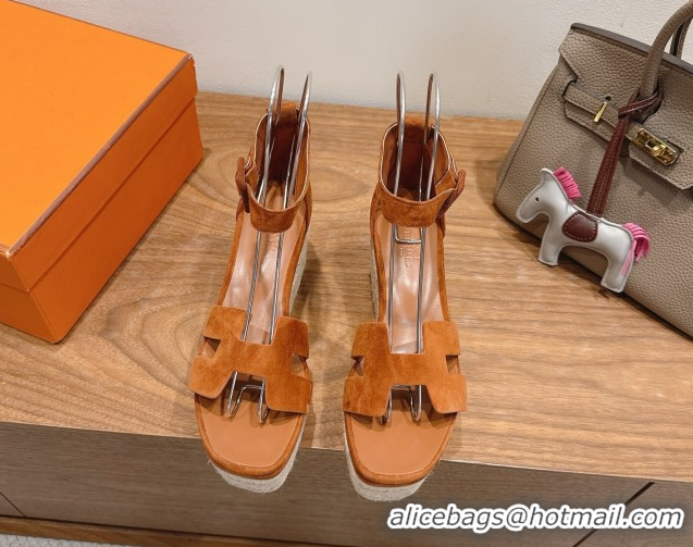 Perfect Hermes Elda Platform Wedge Sandals 8cm in Suede Tan 2025 H082010 0820120
