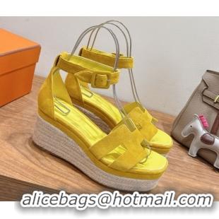 Best Price Hermes Elda Platform Wedge Sandals 8cm in Suede Yellow 2025 H082010 0820121
