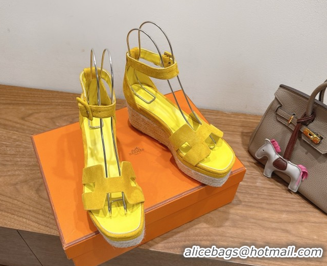 Best Price Hermes Elda Platform Wedge Sandals 8cm in Suede Yellow 2025 H082010 0820121