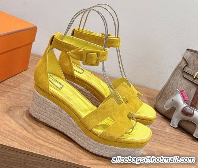 Best Price Hermes Elda Platform Wedge Sandals 8cm in Suede Yellow 2025 H082010 0820121