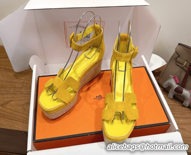 Best Price Hermes Elda Platform Wedge Sandals 8cm in Suede Yellow 2025 H082010 0820121
