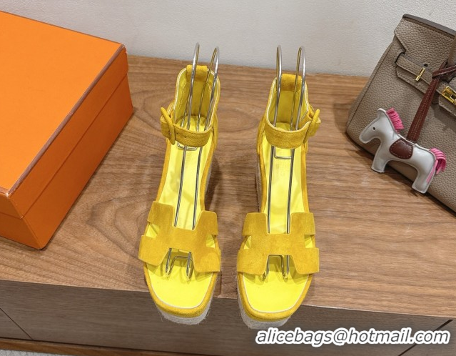 Best Price Hermes Elda Platform Wedge Sandals 8cm in Suede Yellow 2025 H082010 0820121