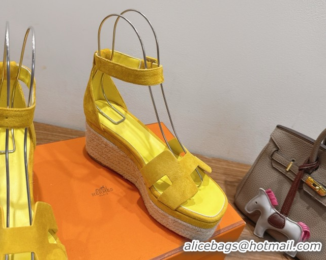 Best Price Hermes Elda Platform Wedge Sandals 8cm in Suede Yellow 2025 H082010 0820121