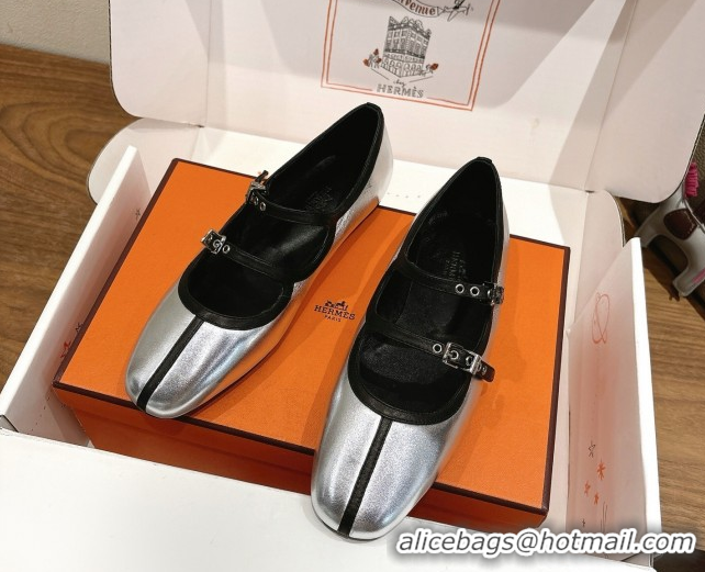 Best Product Hermes Lilia Ballet Flats in Calfskin with H Buckle Silver 0820122