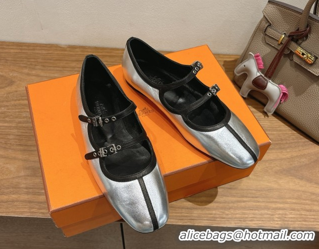 Best Product Hermes Lilia Ballet Flats in Calfskin with H Buckle Silver 0820122