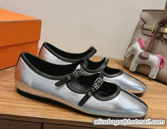 Best Product Hermes Lilia Ballet Flats in Calfskin with H Buckle Silver 0820122