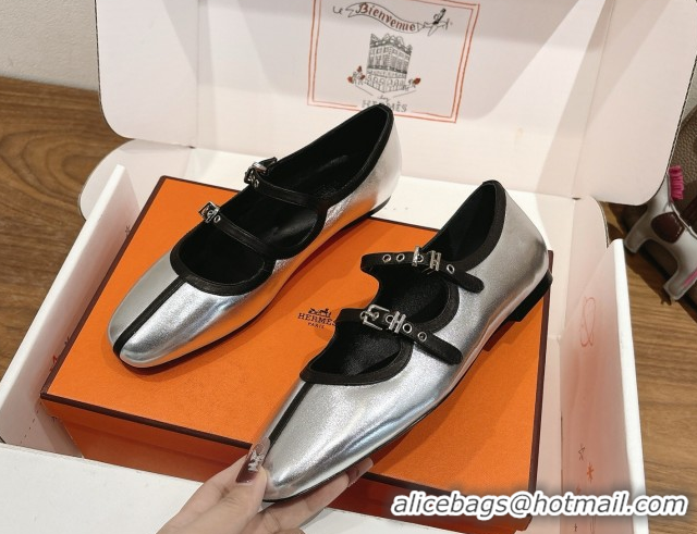 Best Product Hermes Lilia Ballet Flats in Calfskin with H Buckle Silver 0820122